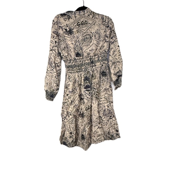 Women's Novella XL Floral Print Dress Tan Blue Spring Summer Midi Empire Waist - Picture 1 of 3